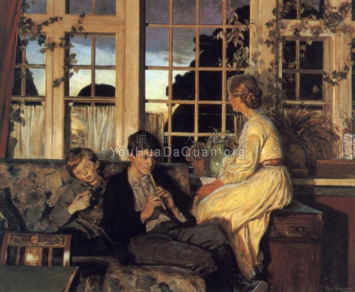 A Mother and Children by a Window at Dusk - 维果·佩德森